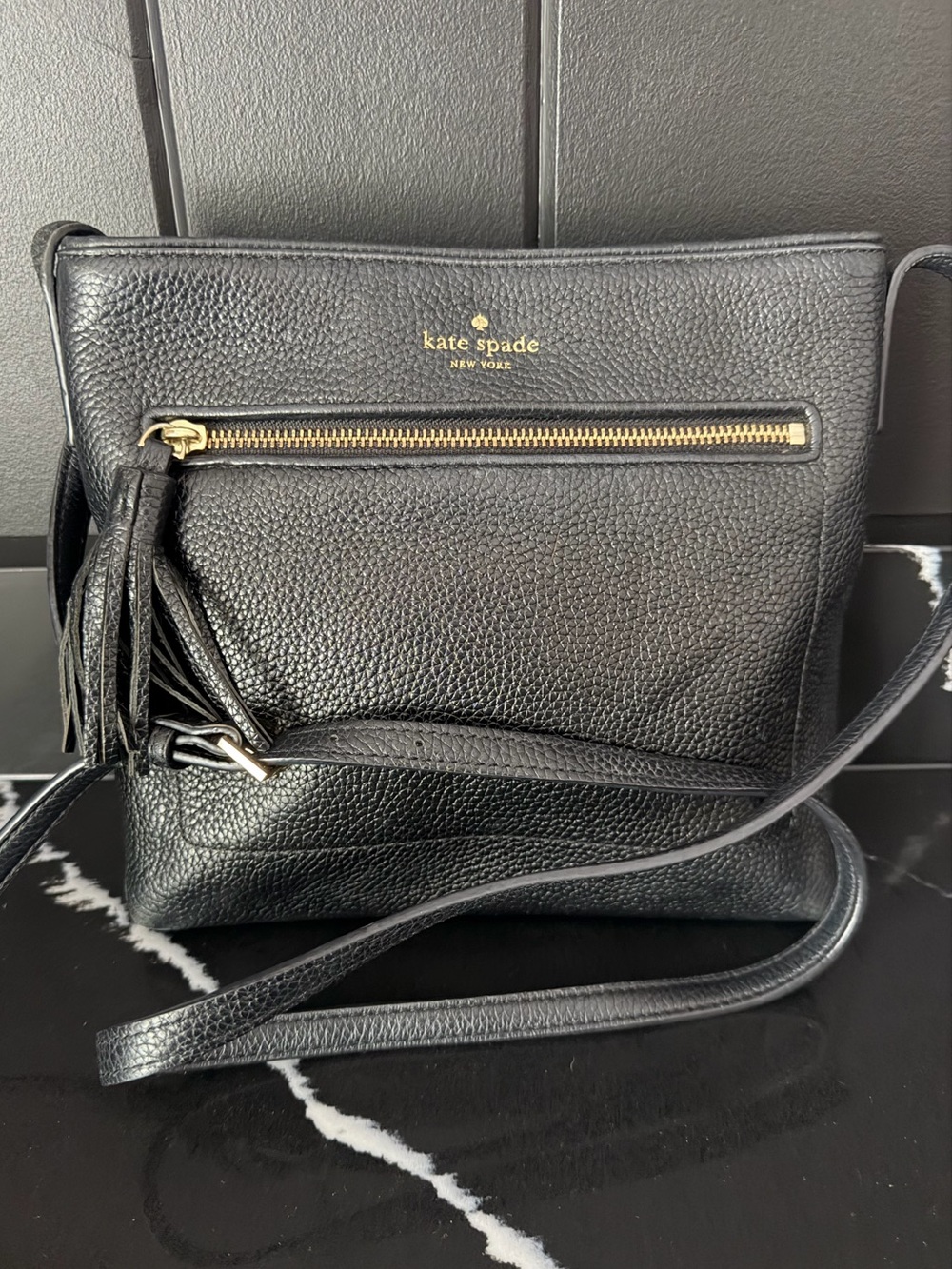 Kate Spade New York Pebbled Leather Tassel Crossbody Bag Black